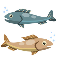 Wall Mural - Set of fish. Sea food. Cartoon flat illustration isolated on white background. Element of fishing. River blue and grey animal with scales, fins and a tail