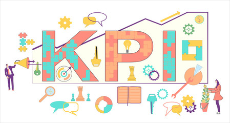 Naklejka na meble Key Performance Indicator (KPI) word lettering typography design illustration with icons for business,team people,target, chess,keys, bubbles.Growth curve with arrows strategy,speaker with megaphone