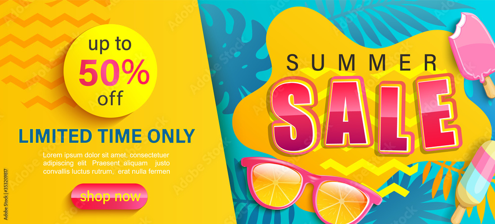 Hot Summer Sale banner,shop now with up to 50 percent limited time discount,season promo with tropical leaf,ice cream,sunglasses.Invitation for shopping,template for design flyer,special offer.Vector - obrazy, fototapety, plakaty 