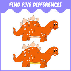 Vector cartoon illustration. Find five differences with dinosaurs. Educational game for preschool children.