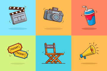 Set of vector icon for shooting films on isolated background. Cartoon icons that can be used in movie themes. Cinema, films, entertainment. Suitable for web page, banner, flyer, sticker, card.