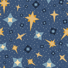 Wall Mural - Vector Blue Stars and Diamonds Celestial Seamless Pattern Background