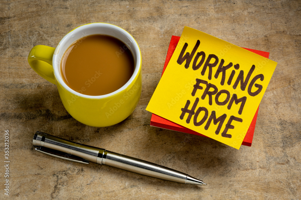 working from home note with coffee, WFH concept - obrazy, fototapety, plakaty 
