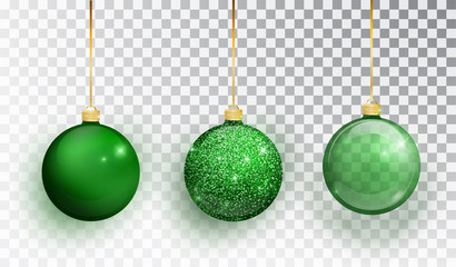 Wall Mural - Green Christmas tree toy set isolated on a transparent background. Stocking Christmas decorations. Vector object for christmas design, mockup. Vector realistic object Illustration 10 EPS.