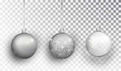 Wall Mural - Silver Christmas tree toy set isolated on a transparent background. Stocking Christmas decorations. Vector object for christmas design, mockup. Vector realistic object Illustration 10 EPS.