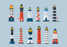 Collection Of Lighthouses. Flat Beacon Navigation Set. Vector Water Light Houses Clip Art.