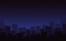 City Silhouette Night. Dark Blue Cityscape Skyline. Urban View, Buildings In The Fog. Starry Night Sky And Street Panorama. Modern City And Stars For Poster, Banner. Vector Illustration