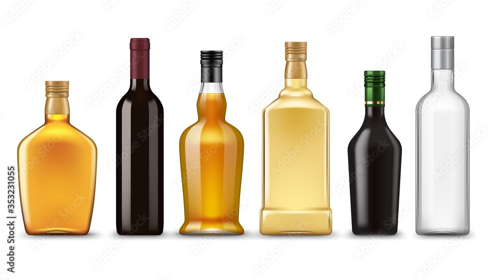 Realistic alcohol drink bottles, vector mockups. Glass bottles of wine, vodka, whiskey, gin and brandy, liqueur, cognac, scotch, bourbon and rum alcoholic beverages on white background - obrazy, fototapety, plakaty 