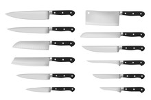 Kitchen And Meat Cutting Knives Set Realistic Vector Of Chef And Butcher Tools. Stainless Cleaver, Carving And Chopping, Chefs, Filleting, Boning And Paring Knives With Black Handles, Cutlery Design