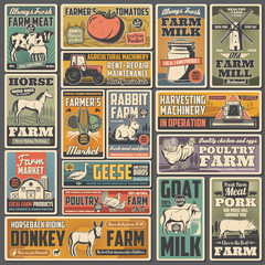 Agriculture retro posters with vector farm animals, tractor, barn and field, vegetable and milk food. Cow, chicken and pig, village landscape, wheat, harvest crop plants and garden, windmill and horse