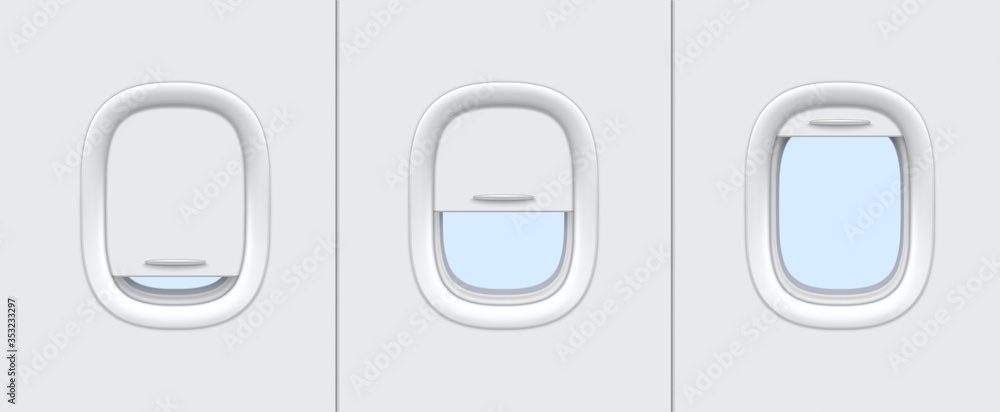 Plane or airplane windows realistic vector mockup of aircraft cabin interior design. Portholes with white plastic frames, closed and open blinds 3d template of passenger aircraft transportation themes - obrazy, fototapety, plakaty 