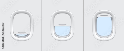 Download Plane Or Airplane Windows Realistic Vector Mockup Of Aircraft Cabin Interior Design Portholes With White Plastic Frames Closed And Open Blinds 3d Template Of Passenger Aircraft Transportation Themes Stock Vector Adobe