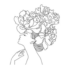 Wall Mural - Woman profile with peony flowers in her hair. Portrait female beauty concept. Continuous line drawing vector illustration