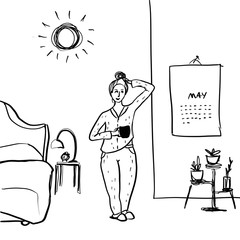 Spring awakening. Digital sketch of a girl with a cup at home. Morning in bedroom. Cozy, comfortable staying home, home interior. Planning future, calendar. Simple monohromic illustration, black line