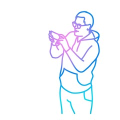 Sticker - Man in glasses using his smartphone or makes selfie. Rainbow colors in linear vector illustration.