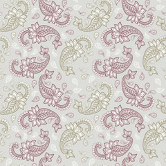  Paisley pattern on yellow background, seamless gold, red and white floral ornament, vector design. Abstract simple vintage Paisley pattern decoration, pastel pale colors floral fabric background