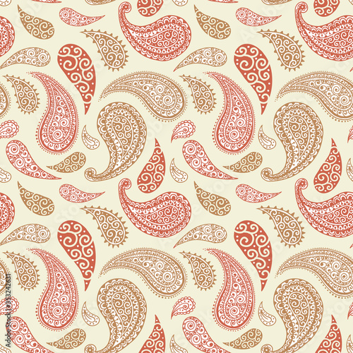 Paisley pattern on yellow background, seamless gold, red and white floral orn...