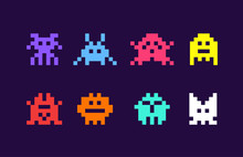 8 Bit Pixel Arcade Game Alien Invader. Superhero Pixel Space Monster Geek Game