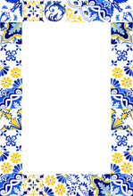Portuguese Azulejos Tile Frame. Traditional Portuguese Mosaic Tile Decoration. Watercolor Blue And Yellow Border. Antique Ceramics Tileable, Heritage. Old Painted Panel With Floral Pattern