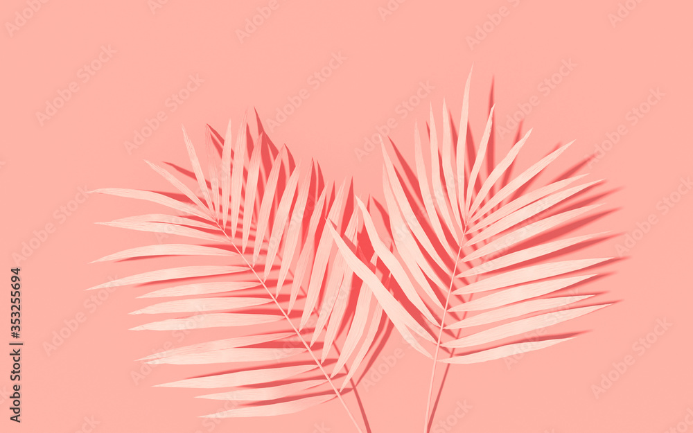 Exotic plants with backdrop. Tropical layout mockup. Background with painted palm leaves. Pink minimal concept art. 3D Render. - obrazy, fototapety, plakaty 