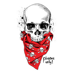 Portrait of a skull wearing a red bandana with images of a skull. Vector illustration.