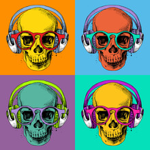 Poster With A Portrait Of Skull Wearing Headphones And Glasses In Pop Art Style. Vector Illustration.