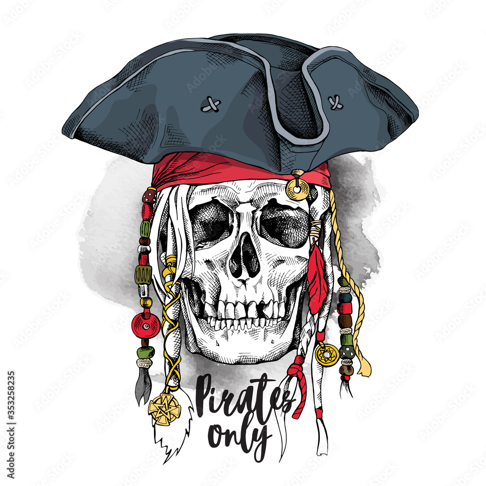 Skull with Dreadlocks and accessories in a Pirate hat. Vector ...