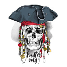Skull With Dreadlocks And Accessories In A Pirate Hat. Vector Illustration.