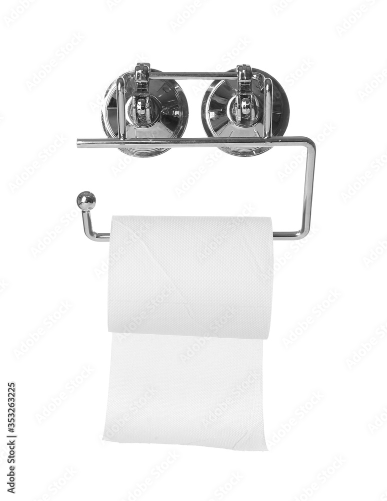 Holder with toilet paper on white background