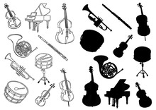 Set Of Symphonic Musical Instruments Find The Shadow And Paint