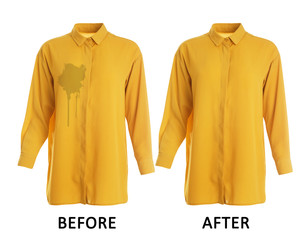 Canvas Print - Stylish shirt before and after dry-cleaning on white background