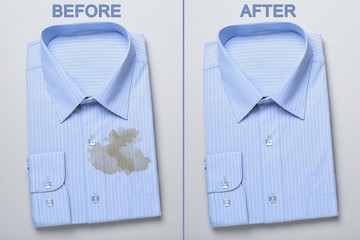 Sticker - Stylish shirt before and after dry-cleaning on white background, top view