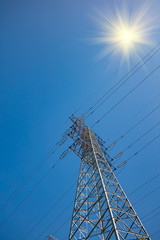 High power electricity poles connected to smart grid at clear sky