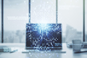 creative concept of code skull illustration on modern laptop background. hacking and phishing concep