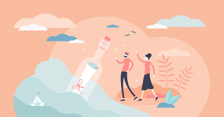 Bottled message vector illustration. Old knowledge flat tiny persons concept