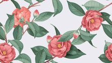 Floral Seamless Pattern, Red Semi-double Camellia Flowers With Leaves On Bright Grey