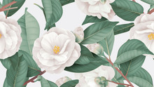 Floral Seamless Pattern, White Semi-double Camellia Flowers With Leaves On Bright Grey