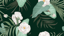 Floral Seamless Pattern, White Semi-double Camellia Flowers With Various Leaves On Dark Green