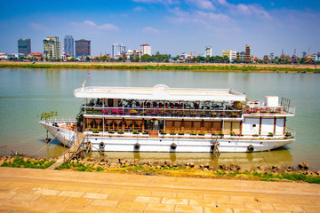 A beautiful view of boat in Mekong river at Phnom Penh, Cambodia.