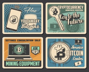 Poster - Bitcoin cryptocurrency mining vector design of digital money exchange, blockchain wallet and bit coin trade. Network business payment transactions, mining farm equipment, laptop computer, mobile phone