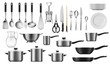 © Vector Tradition - Kitchenware realistic set of vector kitchen utensils, cutlery and tools. Cooking pot, spoon, knife and fork, plate, spatula and whisk, frying pan, saucepan, ladle and colander, jug, corkscrew objects