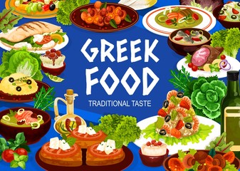 Wall Mural - Greek cuisine seafood, vegetable and meat meal, vector food. Salad of feta, olives and tomatoes, shrimp risotto, grilled lamb and cod, fish cream soup, rice pudding dessert, roe dip and mushroom stew