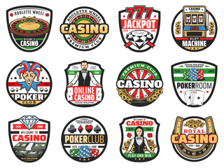 Wall Mural - Casino roulette and poker croupier vector icons of gambling games. Casino play cards, roulette wheels, dice and chips, jackpot, slot machine, blackjack, cash money and gold coins, lucky horseshoe, 777