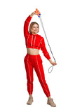 Fototapeta Pokój dzieciecy - Young Fitness woman in red training dress. With rope in his hands. Isolate on white background.