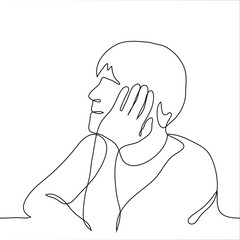 Wall Mural - Portrait of a Man, guy sitting dreamy and contented propping his face with his left hand. One continuous line drawing is the concept of dreaming, love, pleasant expectation. Can be used for animation