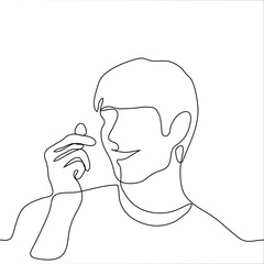 Wall Mural - Portrait of a man who shows a heart from his fingers and smiles broadly. One continuous line drawing of a friendly guy gesturing the Korean sign 