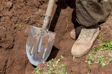 a man digs a hole with a shovel on a farm