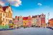 Stunning morning cityscape of Wroclaw, historical capital of Silesia with beautiful old houses, Poland, Europe. Wonderful summer view of  Market Square. Traveling concept background..