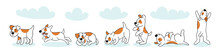 Cute Funny Dog In Different Poses. Sleeping, Running, Lying, Jumping Dog. Set Of Vector Doodle Illustration With Pets. Hand Illustration.