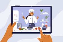 Culinary Video Broadcast, Channel Or Blog With Cooking Online Class. Young Chef Woman Preparing Healthy Food In Kitchen. Hands Holding Digital Tablet With Girl Blogger On Screen. Vector Illustration.